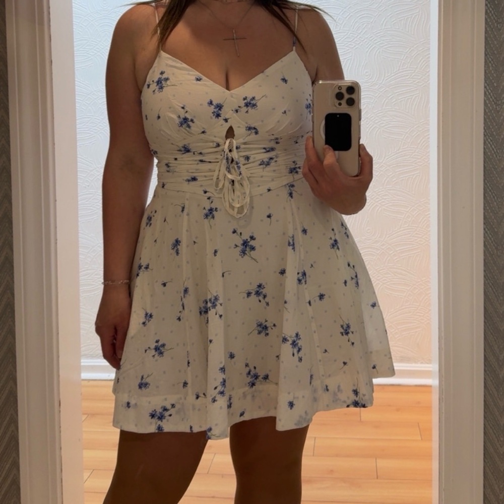 Trixxi White Floral Spaghetti Strap Sundress with Blue flower Print